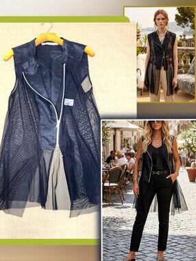 Black Linen Moto Vest Mesh Sheer Women Long Summer Sleeveless Jacket